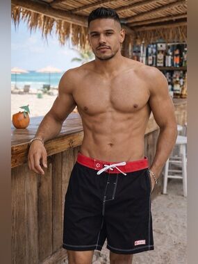 ethika Black Swim Board Shorts with Red Waistband